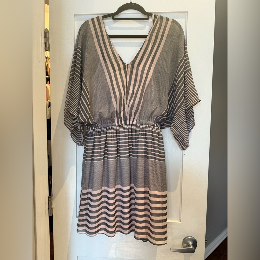 Amadi Anthropologie Striped V-Neck Dress in Gray and Pink